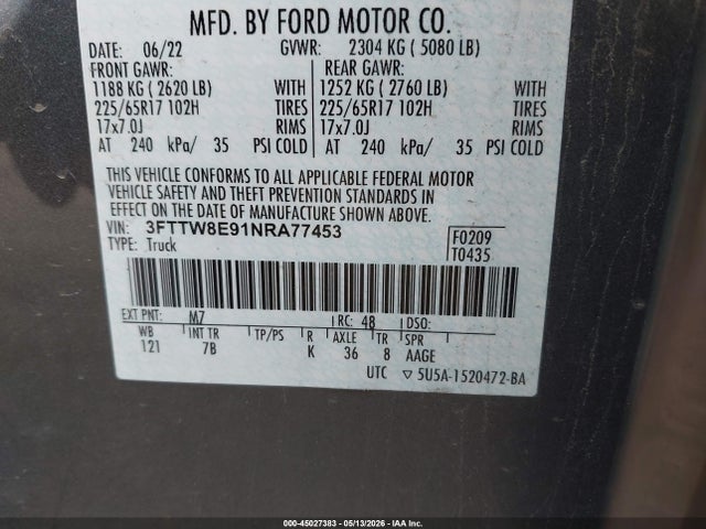 45027383 :رقم المزاد ، 3FTTW8E91NRA77453 vin ، 2022 Ford Maverick Xlt مزاد بيع