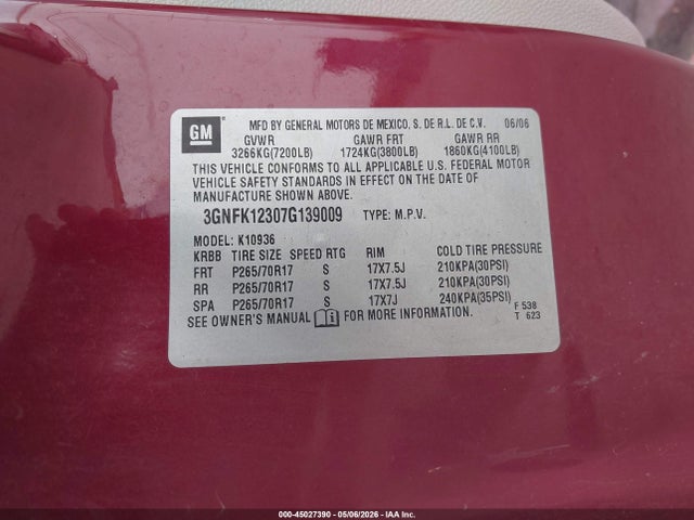 2007 Chevrolet Avalanche 1500 Lt მანქანა იყიდება აუქციონზე, vin: 3GNFK12307G139009, აუქციონის ნომერი: 45027390