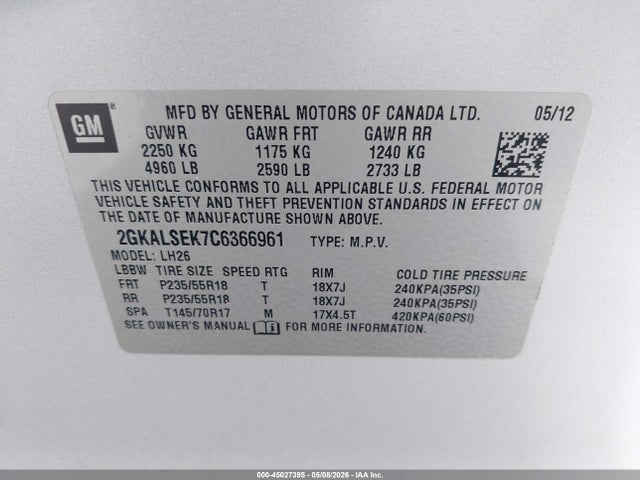 Продаж на аукціоні авто 2012 Gmc Terrain Sle-2, vin: 2GKALSEK7C6366961, номер лоту: 45027395
