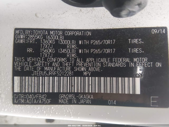 45027396 :رقم المزاد ، JTEBU5JR9F5212281 vin ، 2015 Toyota 4runner Sr5 مزاد بيع
