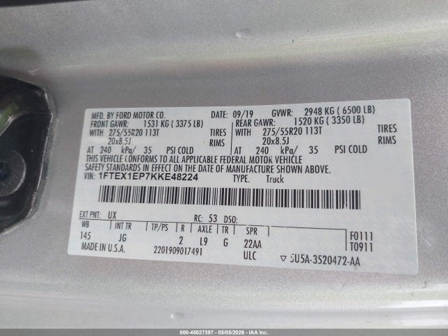Продажа на аукционе авто 2019 Ford F-150 Xl, vin: 1FTEX1EP7KKE48224, номер лота: 45027397