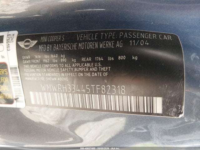 Продажа на аукционе авто 2005 Mini Cooper S, vin: WMWRH33445TF82318, номер лота: 45027400