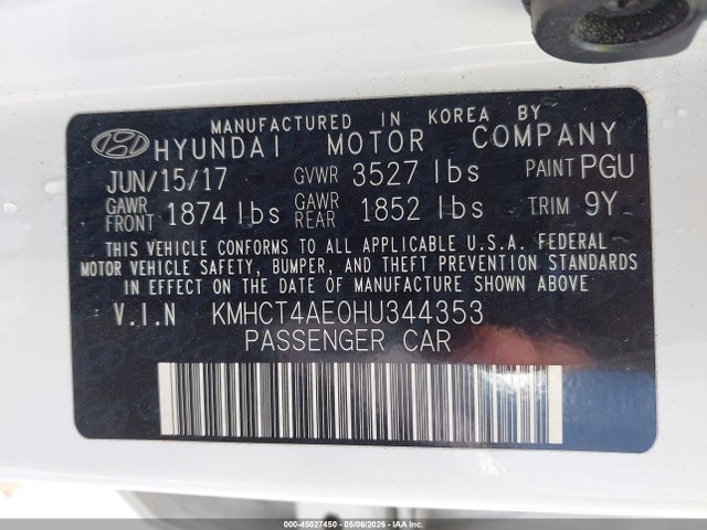 45027450 :رقم المزاد ، KMHCT4AE0HU344353 vin ، 2017 Hyundai Accent Value Edition مزاد بيع