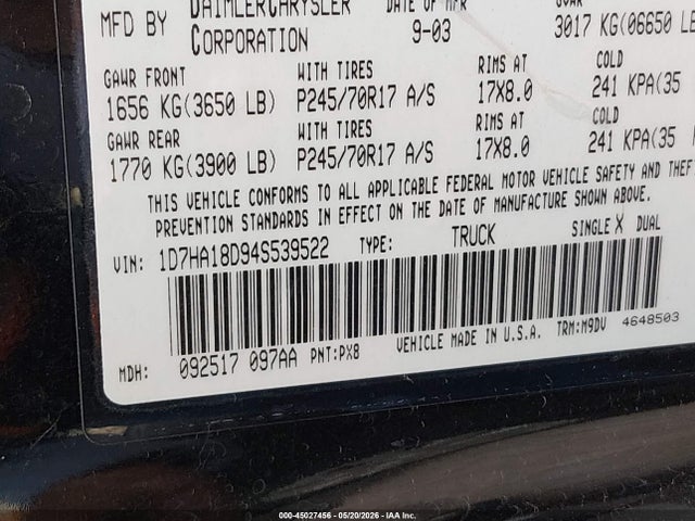 45027456 :رقم المزاد ، 1D7HA18D94S539522 vin ، 2004 Dodge Ram 1500 Slt/laramie مزاد بيع