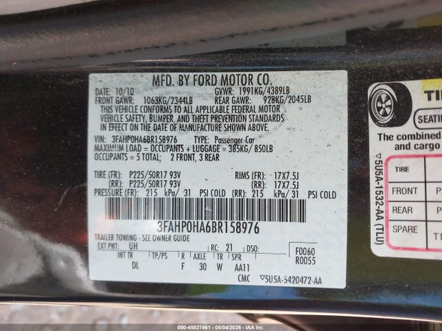 45027461 :رقم المزاد ، 3FAHP0HA6BR158976 vin ، 2011 Ford Fusion Se مزاد بيع