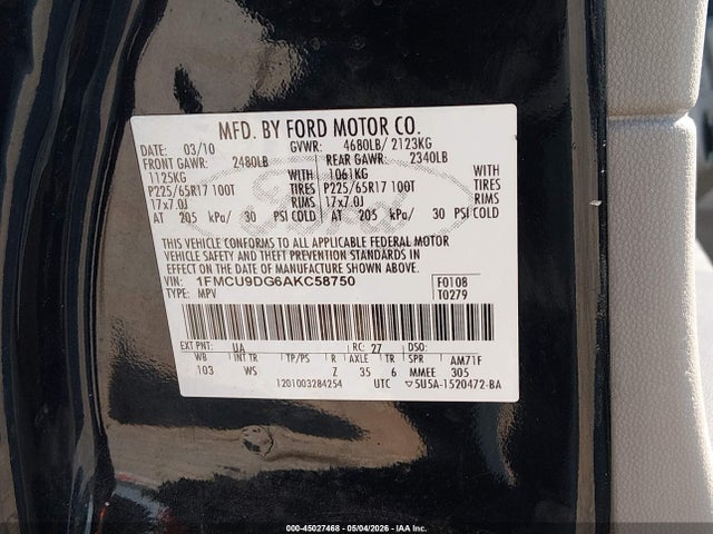2010 Ford Escape Xlt მანქანა იყიდება აუქციონზე, vin: 1FMCU9DG6AKC58750, აუქციონის ნომერი: 45027468