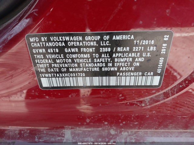 45027470 :رقم المزاد ، 1VWBT7A3XHC031720 vin ، 2017 Volkswagen Passat 1.8t Se مزاد بيع