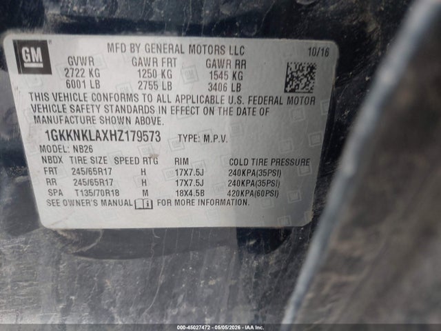 45027472 :رقم المزاد ، 1GKKNKLAXHZ179573 vin ، 2017 Gmc Acadia Sle-1 مزاد بيع