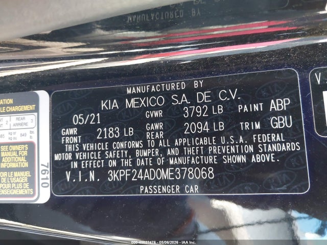 45027476 :رقم المزاد ، 3KPF24AD0ME378068 vin ، 2021 Kia Forte Lxs مزاد بيع