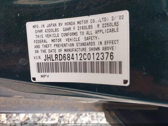 Aukcja sprzedaży 2002 Honda Cr-v Lx, vin: JHLRD68412C012376, numer aukcji: 45027489