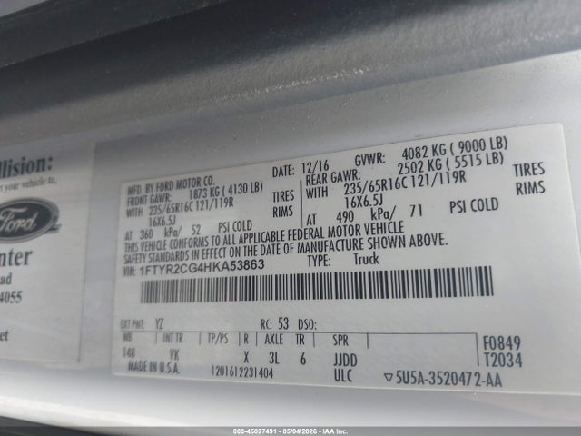 Ford Transit-250 2017 1FTYR2CG4HKA53863 Image 9