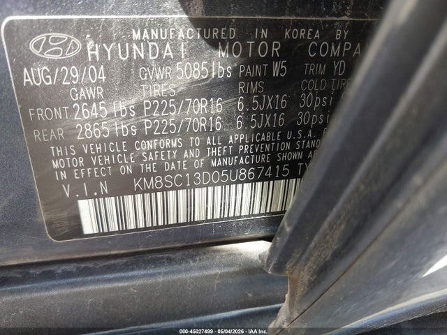 2005 Hyundai Santa Fe Gls მანქანა იყიდება აუქციონზე, vin: KM8SC13D05U867415, აუქციონის ნომერი: 45027499