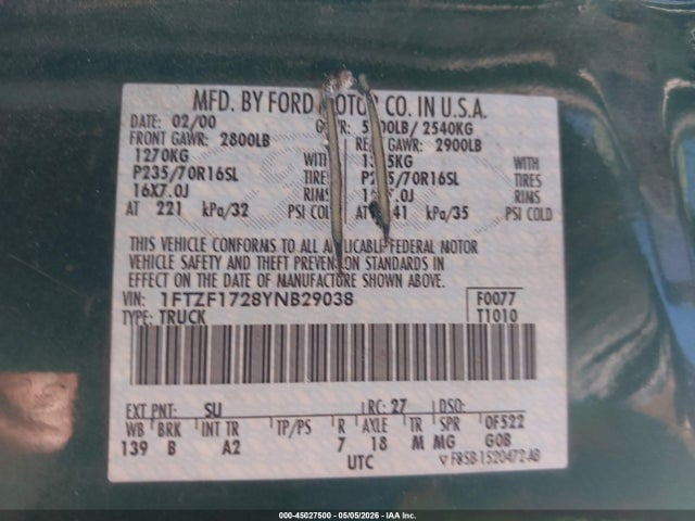 Aukcja sprzedaży 2000 Ford F-150 Work Series/xl/xlt, vin: 1FTZF1728YNB29038, numer aukcji: 45027500