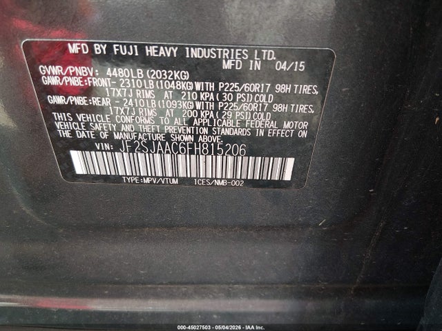 Продаж на аукціоні авто 2015 Subaru Forester 2.5i, vin: JF2SJAAC6FH815206, номер лоту: 45027503
