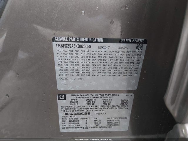 45027507 :رقم المزاد ، LRBFX2SA3KD026688 vin ، 2019 Buick Envision Awd Essence مزاد بيع