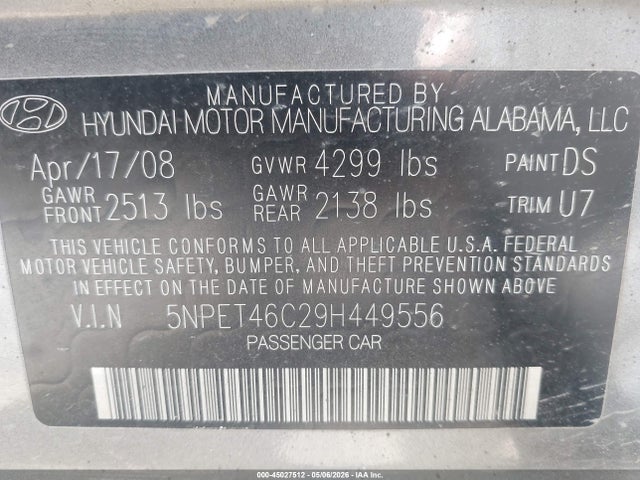 Продаж на аукціоні авто 2009 Hyundai Sonata Gls, vin: 5NPET46C29H449556, номер лоту: 45027512