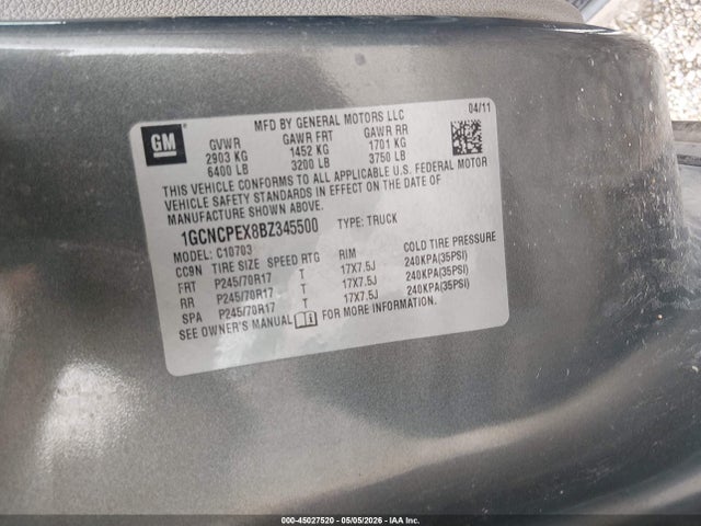 2011 Chevrolet Silverado 1500 Work Truck მანქანა იყიდება აუქციონზე, vin: 1GCNCPEX8BZ345500, აუქციონის ნომერი: 45027520