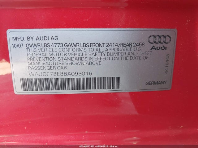 Aukcja sprzedaży 2008 Audi A4 2.0t, vin: WAUDF78E88A099016, numer aukcji: 45027532