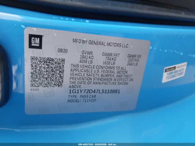1G1Y72D47L5110891 Chevrolet Corvette Stingray Rwd 2lt