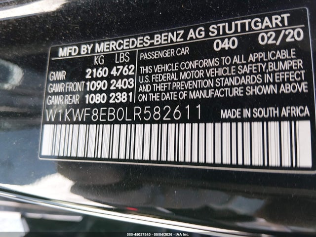 Продаж на аукціоні авто 2020 Mercedes-benz C 300 4matic, vin: W1KWF8EB0LR582611, номер лоту: 45027540
