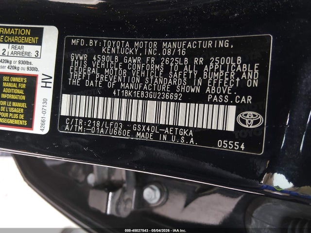 Toyota Avalon Xle Plus 2016 4T1BK1EB3GU236692 Image 9