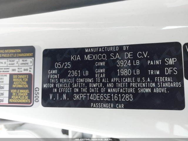 Aukcja sprzedaży 2025 Kia K4 Lxs, vin: 3KPFT4DE6SE161283, numer aukcji: 45027549