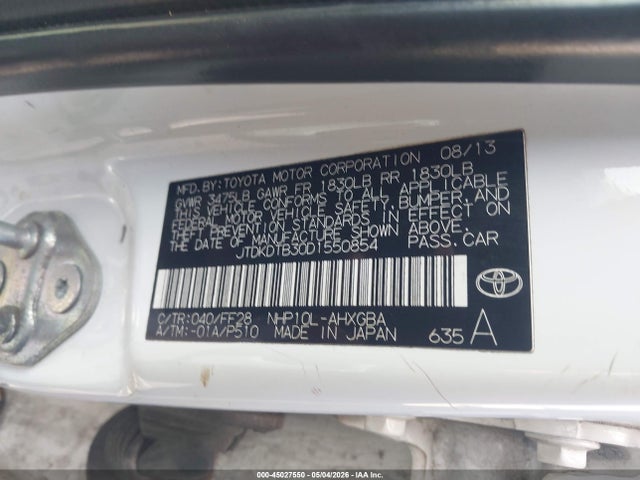 45027550 :رقم المزاد ، JTDKDTB30D1550854 vin ، 2013 Toyota Prius C Three مزاد بيع