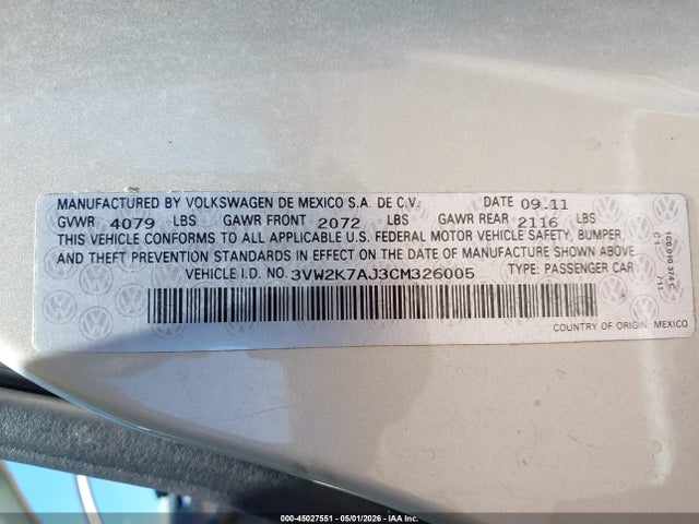 45027551 :رقم المزاد ، 3VW2K7AJ3CM326005 vin ، 2012 Volkswagen Jetta 2.0l S مزاد بيع