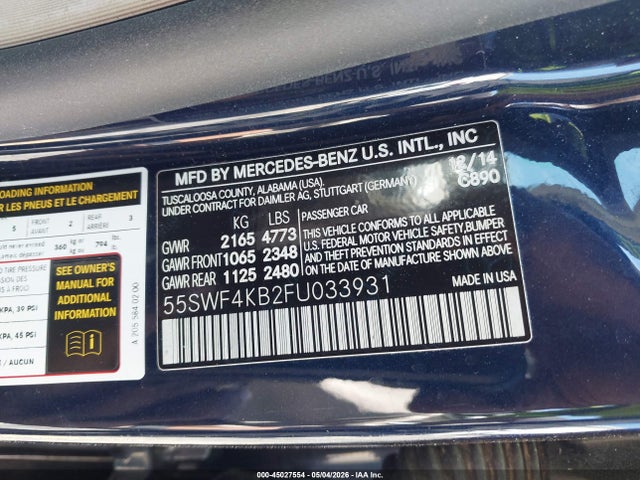 Auction sale of the 2015 Mercedes-benz C 300 Luxury 4matic, vin: 55SWF4KB2FU033931, lot number: 45027554