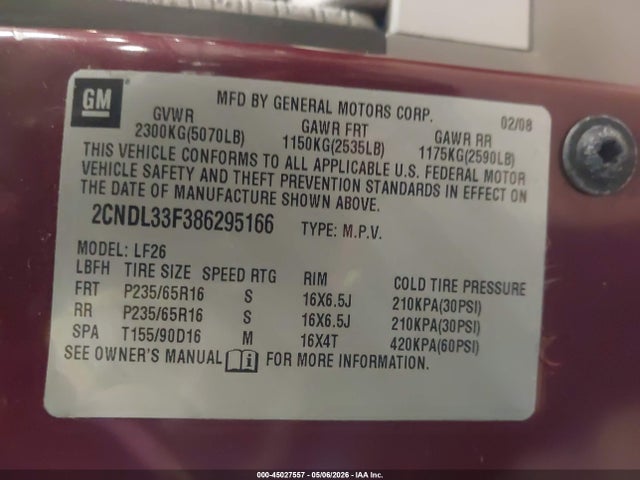Продажа на аукционе авто 2008 Chevrolet Equinox Lt, vin: 2CNDL33F386295166, номер лота: 45027557