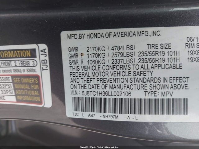 2020 Acura Rdx Standard მანქანა იყიდება აუქციონზე, vin: 5J8TC1H36LL002106, აუქციონის ნომერი: 45027560