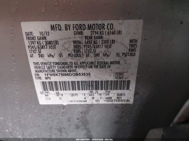 45027561 :رقم المزاد ، 1FM5K7B86DGB53535 vin ، 2013 Ford Explorer مزاد بيع