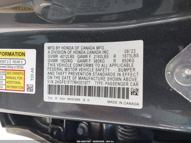 Aukcja sprzedaży 2024 Honda Civic Ex, vin: 2HGFE1F77RH301977, numer aukcji: 45027567