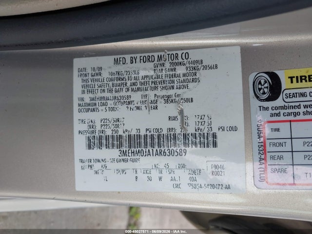 Продажа на аукционе авто 2010 Mercury Milan Premier, vin: 3MEHM0JA1AR630589, номер лота: 45027571