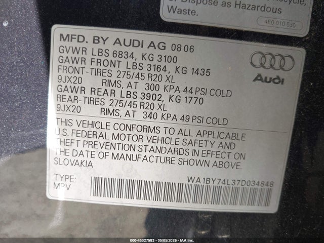 Aukcja sprzedaży 2007 Audi Q7 3.6 Premium, vin: WA1BY74L37D034848, numer aukcji: 45027583