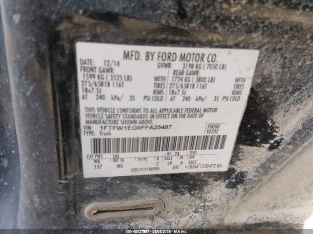 2015 Ford F-150 Xlt მანქანა იყიდება აუქციონზე, vin: 1FTFW1EG9FFA25487, აუქციონის ნომერი: 45027597