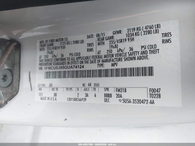 Aukcja sprzedaży 2016 Ford Escape Titanium, vin: 1FMCU0J95GUA74124, numer aukcji: 45027598
