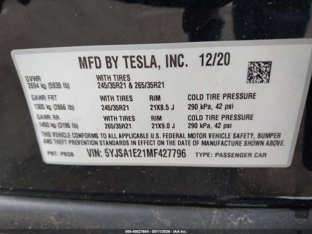 5YJSA1E21MF427796 Tesla Model S Long Range Dual Motor All-wheel Drive/long Range Plus Dual Motor All-wheel Drive