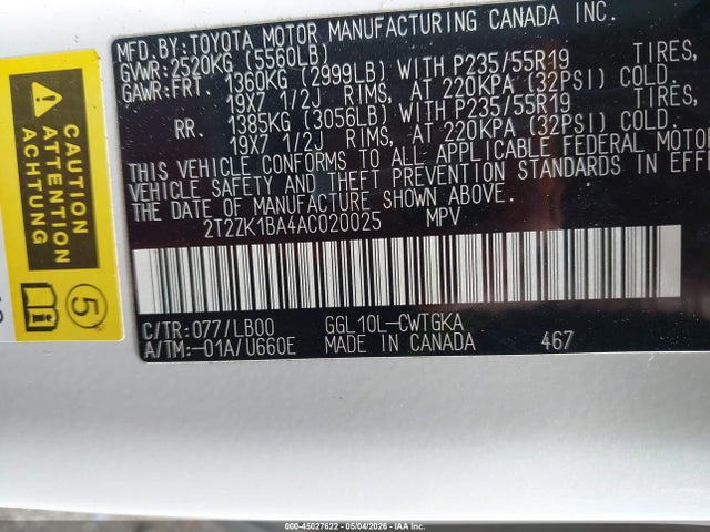 45027622 :رقم المزاد ، 2T2ZK1BA4AC020025 vin ، 2010 Lexus Rx 350 مزاد بيع