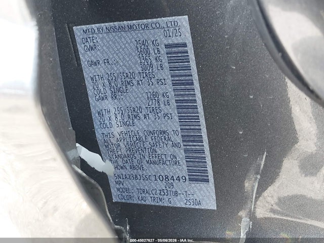 45027627 :رقم المزاد ، 5N1AZ3BJ5SC108449 vin ، 2025 Nissan Murano Sv مزاد بيع