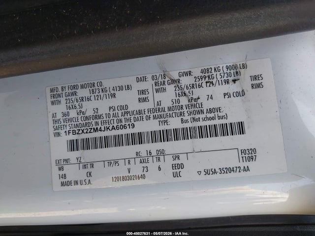 Продаж на аукціоні авто 2018 Ford Transit-350 Xlt, vin: 1FBZX2ZM4JKA60619, номер лоту: 45027631