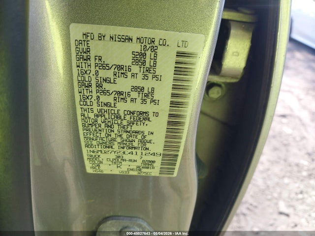 Auction sale of the 2003 Nissan Frontier Sve-v6, vin: 1N6MD27Y23C411249, lot number: 45027643