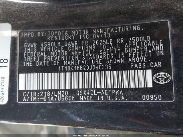 45027646 :رقم المزاد ، 4T1BK1EB2DU040335 vin ، 2013 Toyota Avalon Limited مزاد بيع