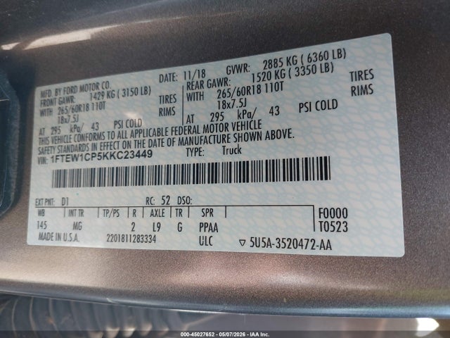 2019 Ford F-150 Xlt მანქანა იყიდება აუქციონზე, vin: 1FTEW1CP5KKC23449, აუქციონის ნომერი: 45027652