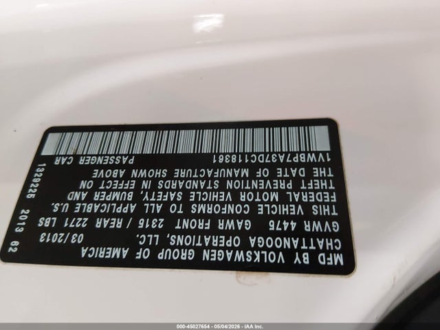 Aukcja sprzedaży 2013 Volkswagen Passat 2.5l Se, vin: 1VWBP7A37DC118361, numer aukcji: 45027654