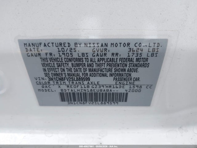 Nissan Versa 1.6 Sr 2025 3N1CN8FV2SL889599 Image 9