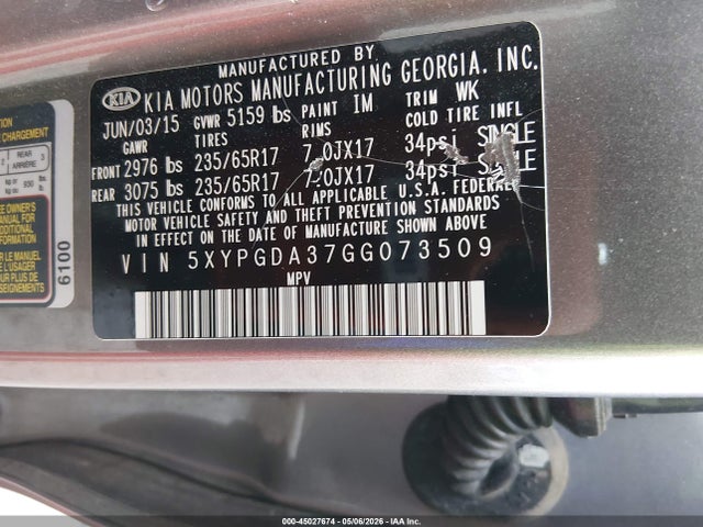 Aukcja sprzedaży 2016 Kia Sorento 2.4l Lx, vin: 5XYPGDA37GG073509, numer aukcji: 45027674