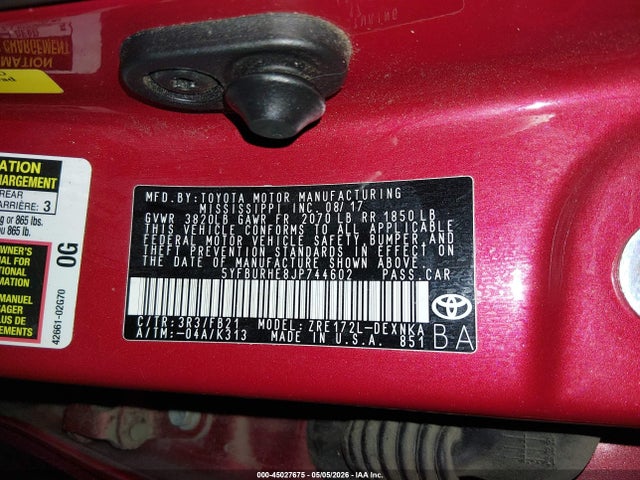 5YFBURHE8JP744602 Toyota COROLLA LE
