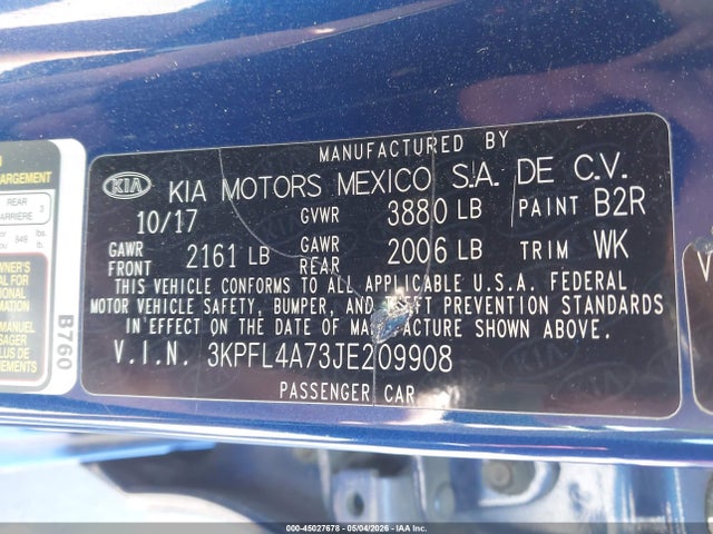 Aukcja sprzedaży 2018 Kia Forte Lx, vin: 3KPFL4A73JE209908, numer aukcji: 45027678