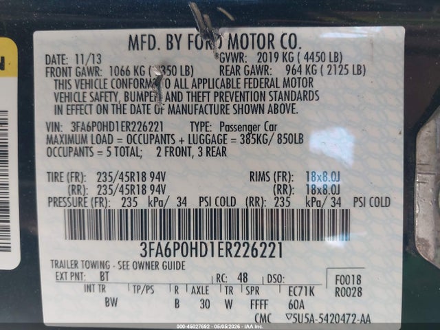 Aukcja sprzedaży 2014 Ford Fusion Se, vin: 3FA6P0HD1ER226221, numer aukcji: 45027692